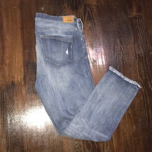 Express woman blue jeans straight leg 14 frayed